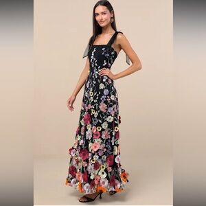 NWT Lulus Thriving Poise Black 3D Floral Embroidered Tie-Strap Maxi Dress XS